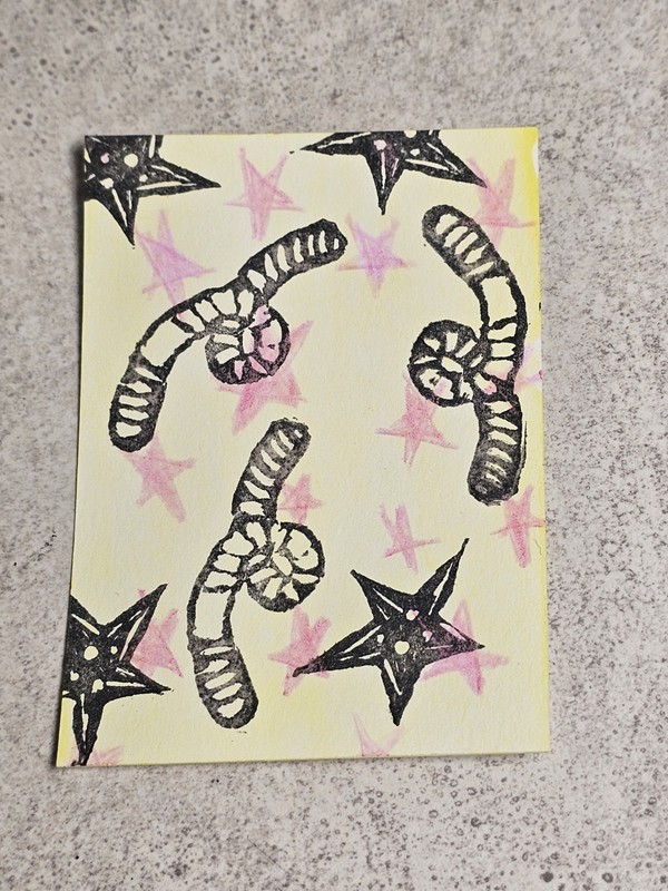 ACEO TheArtofKatie Watercolor Worm Star Original Linocut Stamp Card 2.5x3.5"