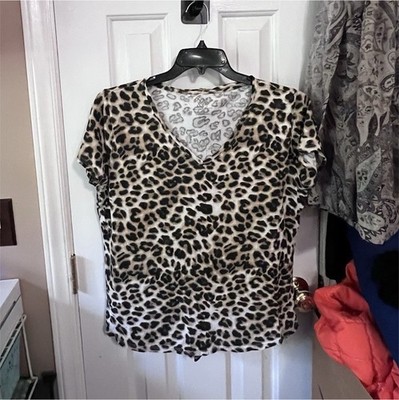 NY&C Leopard Print Knit T-Shirt 100% Cotton V-Neck Short Sleeve Size XL
