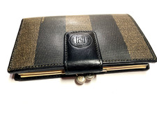 FENDI VINTAGE PEQUIN FF PVC LEATHER CLASP WALLET BIFOLD COIN CARD ITALY BROWN