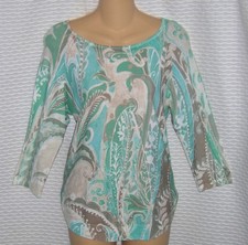 Women's AQUA GRN GRAY Floral DESIGN Casual Thin KNIT Cotton Blend SWEATER TOP M