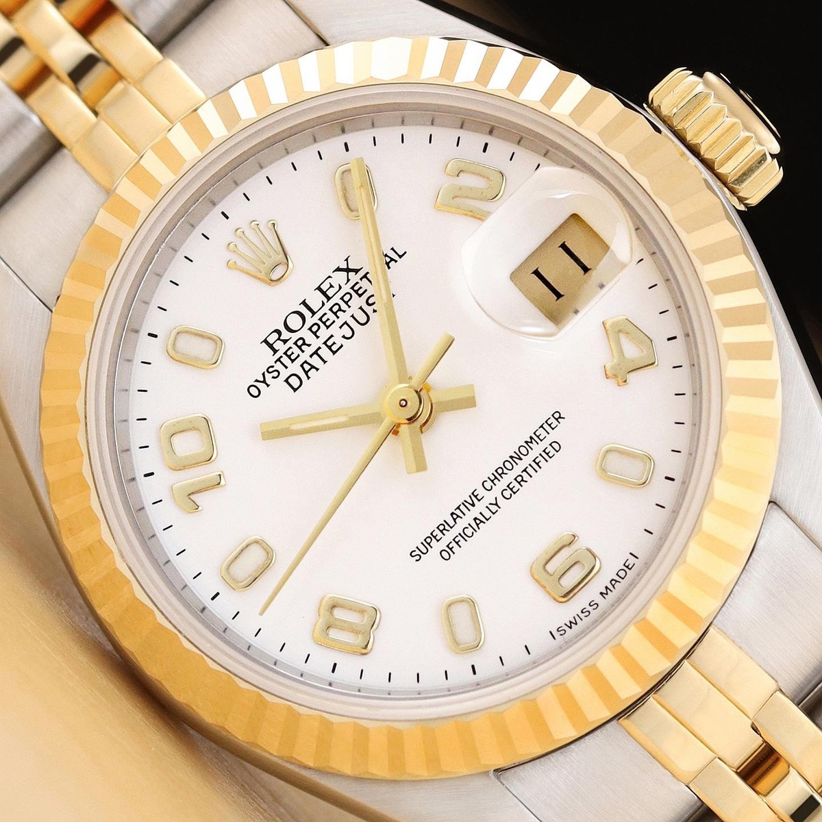 ROLEX LADIES DATEJUST 69173 NO HOLES WHITE ARABIC DIAL 18K GOLD