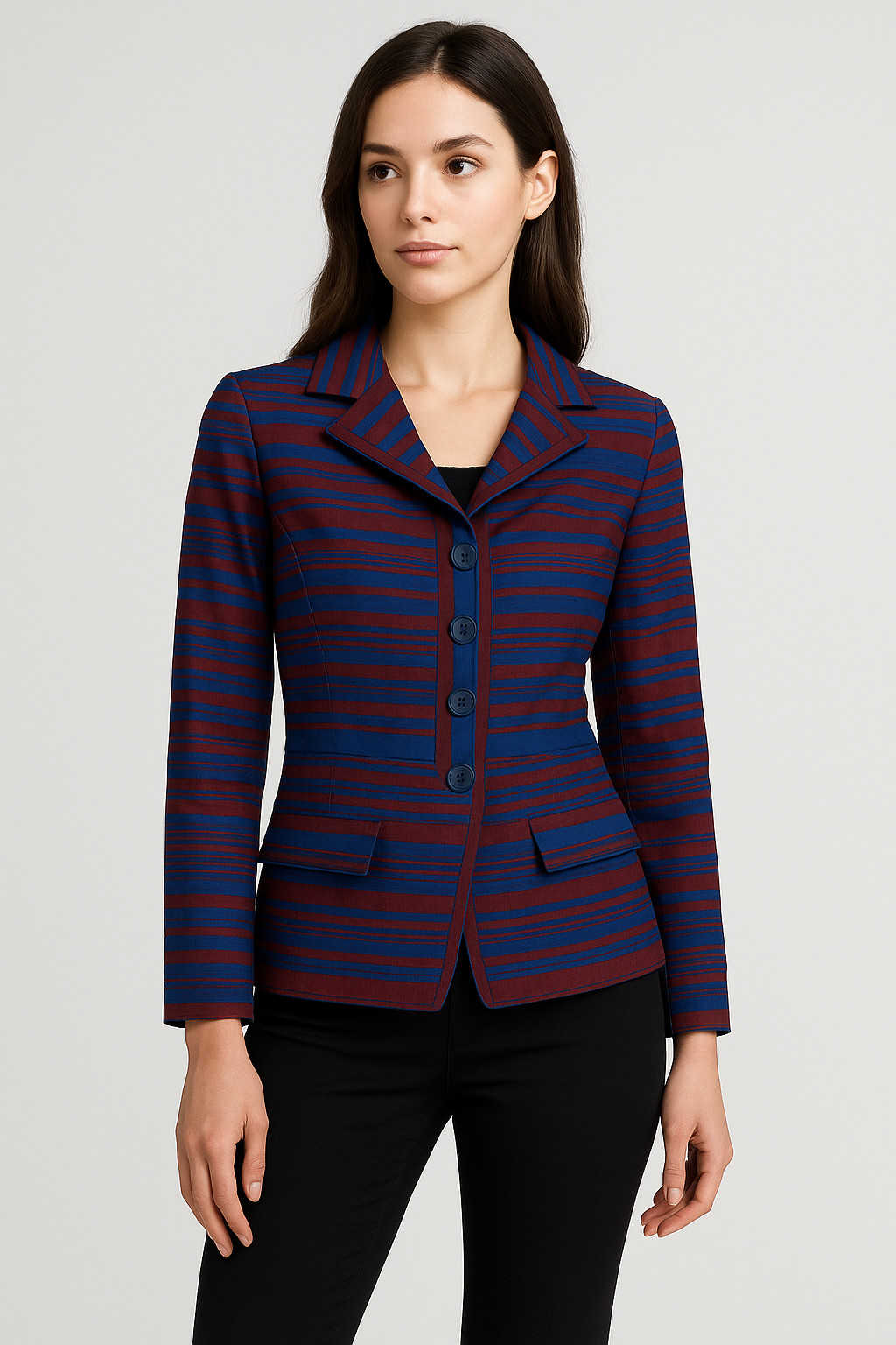 Blazer M Vtg 40s RAW SILK Red Blue STRIPED Print Flap Pocket NIPPED WAIST JACKET-image