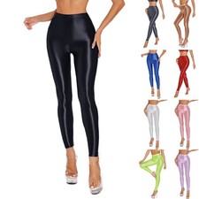 Leggings da donna eleganti elasticizzati lucidi in raso finitura yoga danza