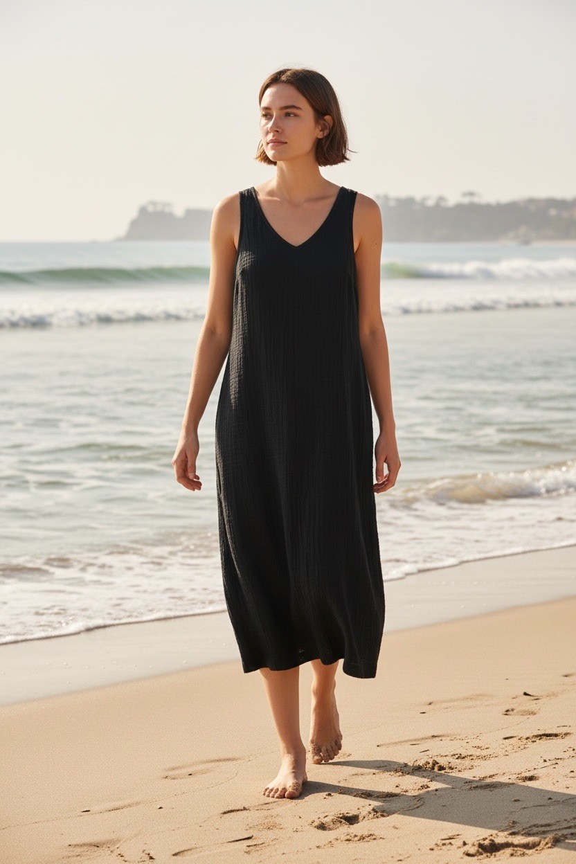Briggs Women's M Black Gauzy Cotton Minimalist Midi Tank Dress