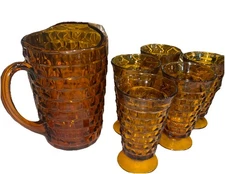 Vintage Indiana Glass Whitehall Cubist Amber Footed Glasses With Pitcher 6 Piece
