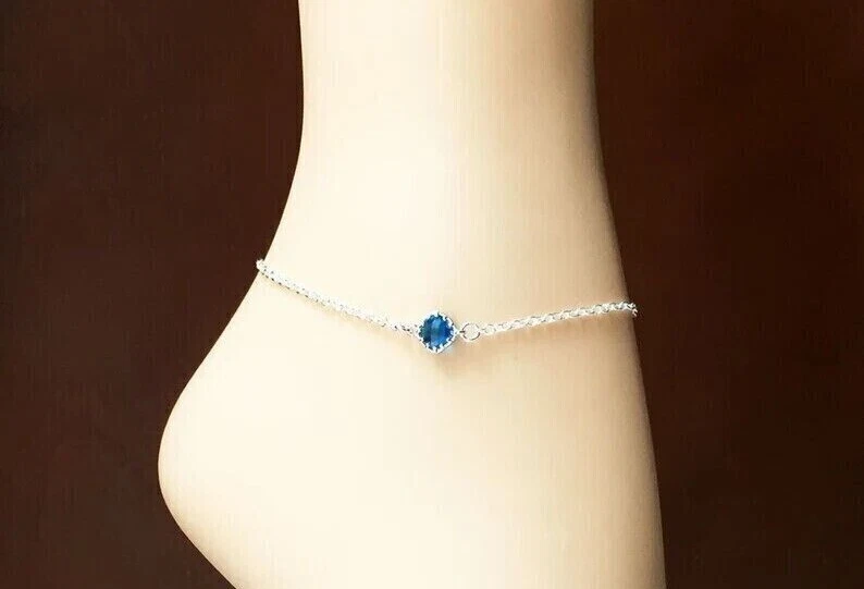 1Ct Round Blue Lab-Created Sapphire Anklet Cuban Rope 9 in 14K White Gold Plated - Image 4 of 4