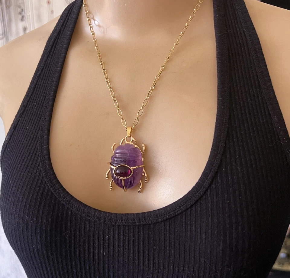 Egyptian Revival Scarab Necklace Hand Carved Amethyst Purple Gemstone Pendant - Image 2 of 4
