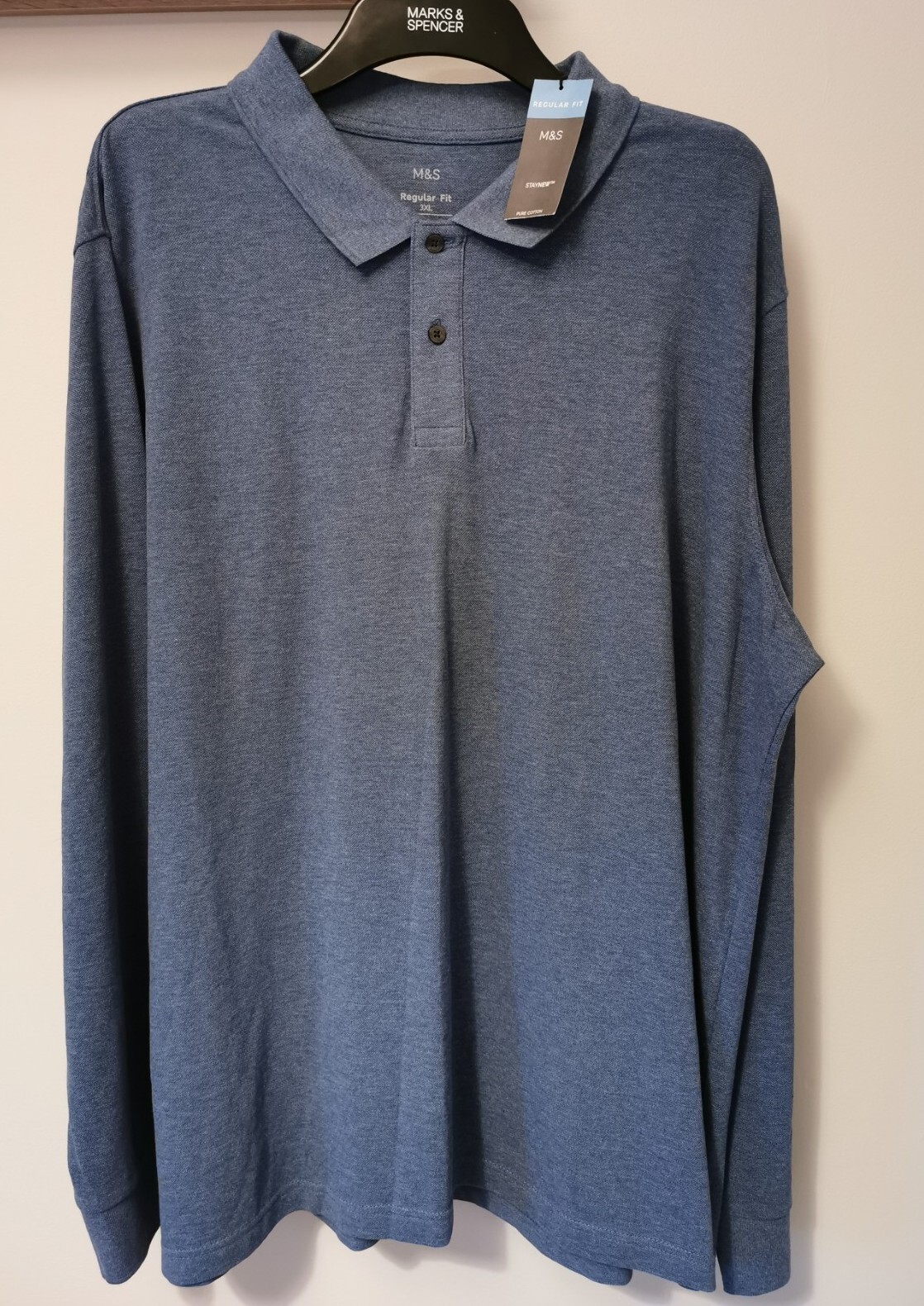 M&S Men's Pure Cotton Long Sleeve Polo Shirt, Blue, Size 3XL eBay