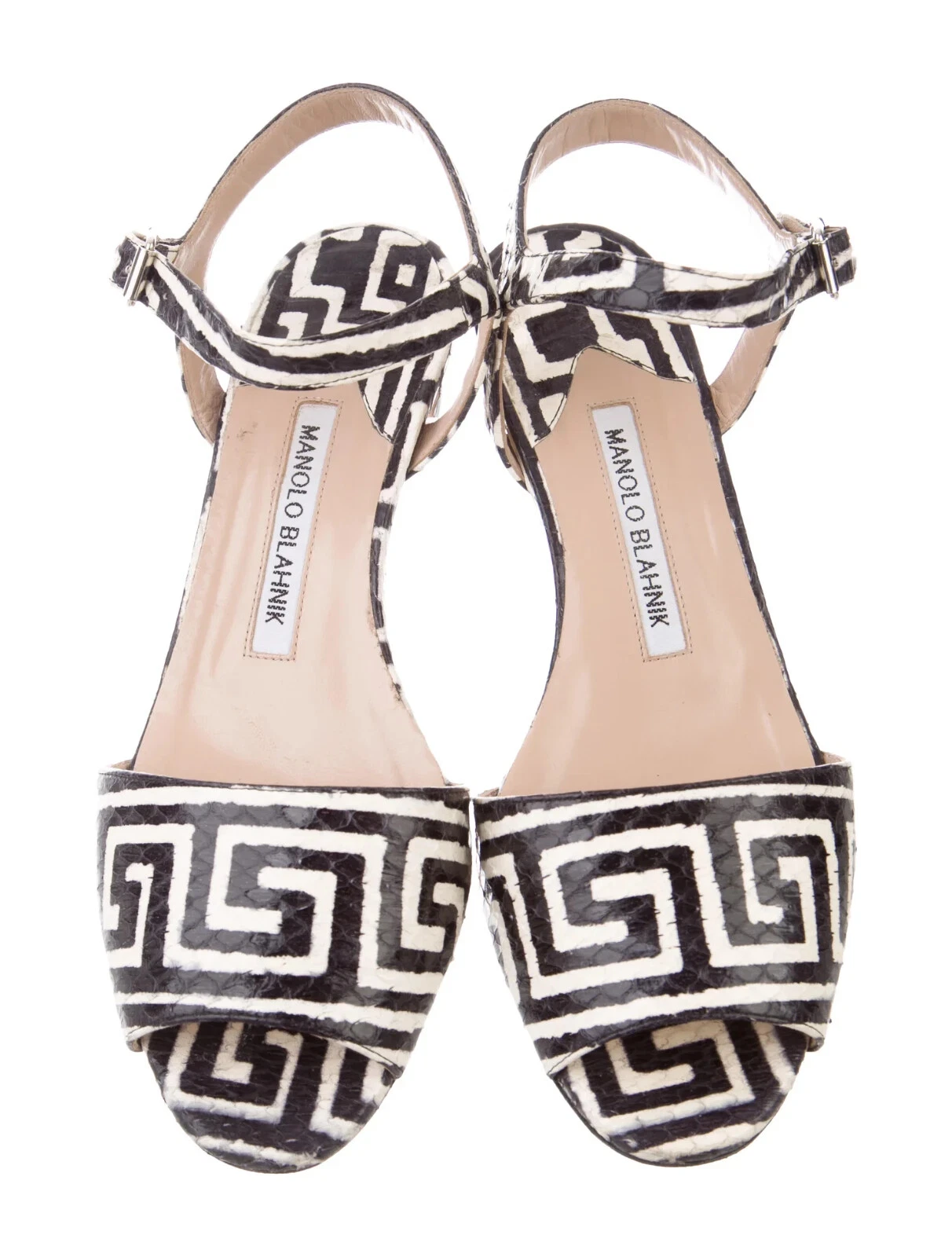 MBT Sandali Manolo Blahnik bianchi e neri in pelle di serpente taglia 6