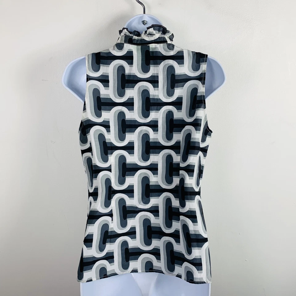 Camiseta sin mangas Jules Reid para mujer talla 2 gris blanco geométrica sin mangas con volantes de lino Foto 2 de 4