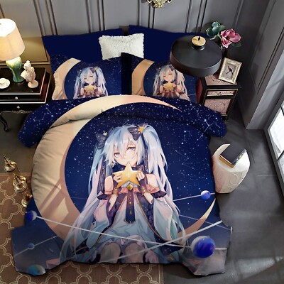 3D Mädchen Mond Sterne Anime Kinder Quilt Cover Set Bettwäsche Sets Kissenbez...