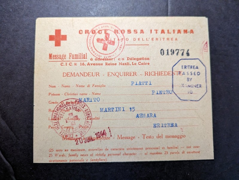 1944 British Eritrea POW Cover Asmara to Pavia Italy Italian Red Cross