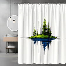 Nature Inspired Shower Curtain with Green Trees and Blue Water