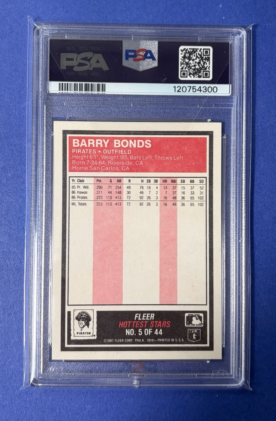 1987 Fleer Barry Bonds Pittsburgh Pirates Hottest Stars #5 PSA 9 MINT view 2