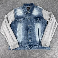 Southpole Jacket Mens 2XL Blue Denim Gray Hooded Jean Fleece Sleeve Streetwear
