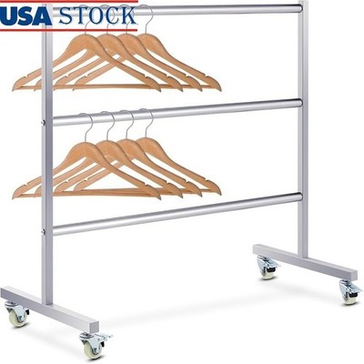 Durable Stainless Steel Clothes Hanger Rack Three Layer Design W/ Wheels New