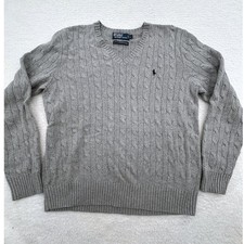 Polo Ralph Lauren Mens Gray 100 Silk Cable Knit V-Neck Sweater Vintage Large
