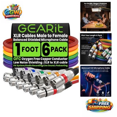 1ft XLR Cables 6 Pack - Colorful Male to Female Mic Cords for Studio & Stage