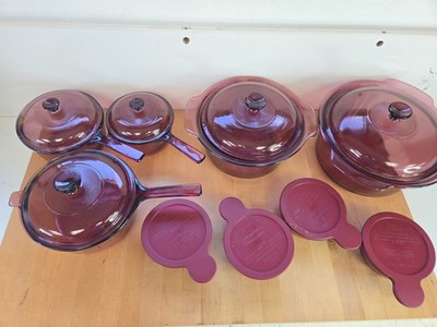 16 Piece Vision Ware Vintage Corning Pyrex Cranberry Glass Cookware USA MADE