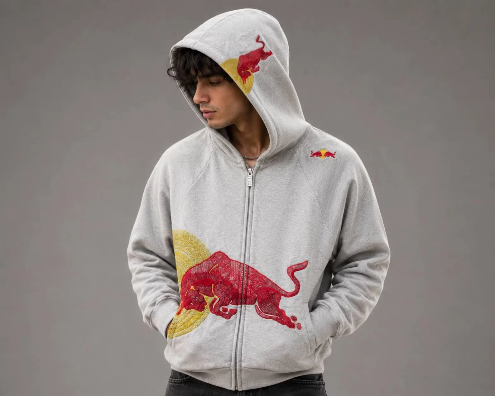 Red Bull Athletes Only Embroidered Zip Hoodie Gray Rare