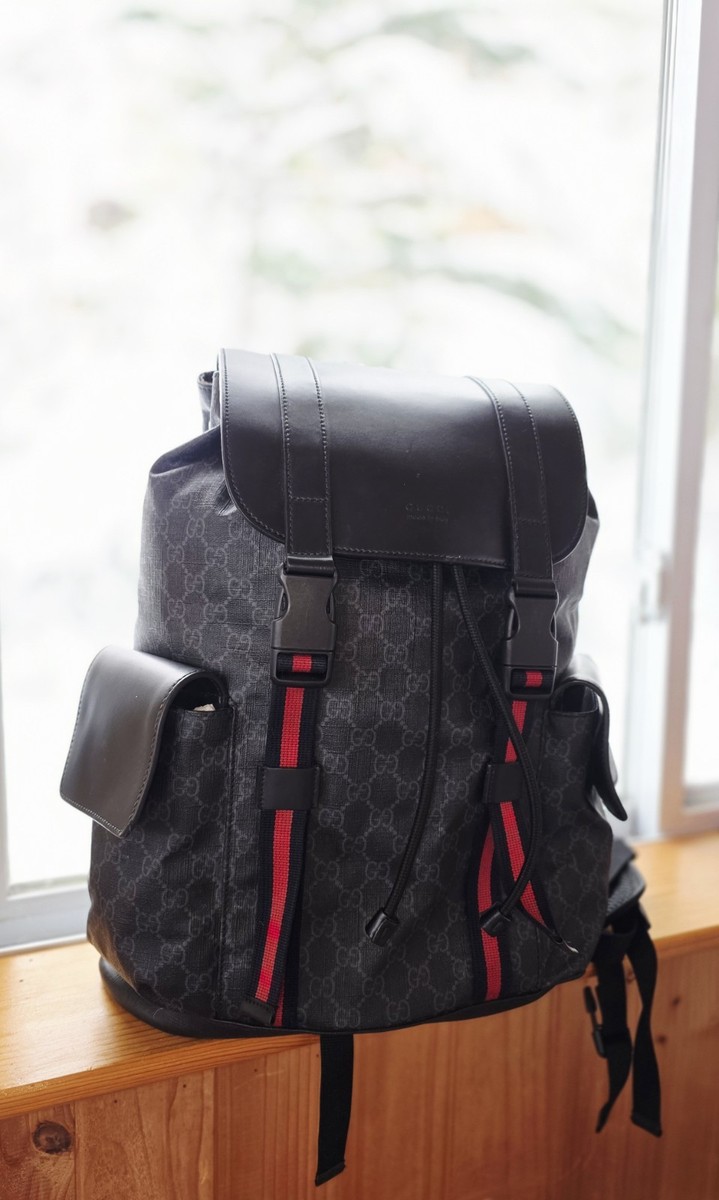 Gucci Black Monogram Backpack Red Straps Outer Pockets Buckle
