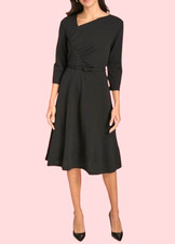Calvin Klein Scuba Crepe Asym Rouched Neck MIDI with Belt Dress Size4 Black $149