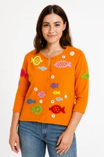 Michael Simon Women L Orange Fish Knit Sweater Novelty Wearable Art Y2K Artwear