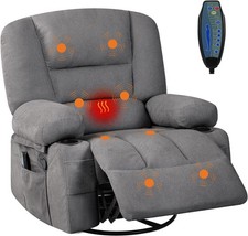 Upholstered Deep Seat Recliner Chair 360  Swivel Rocker Chair w/Heat and Massage