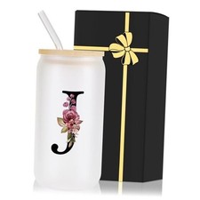 Monogrammed Glass Drinking Cup With Lid Straw Women Her Sister Mom Letter J