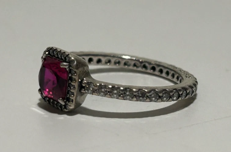 PANDORA Signed P2 S 925 ALE 52 Ruby Red CZ Sterling Silver Ring Sz 6 - Image 2 of 4