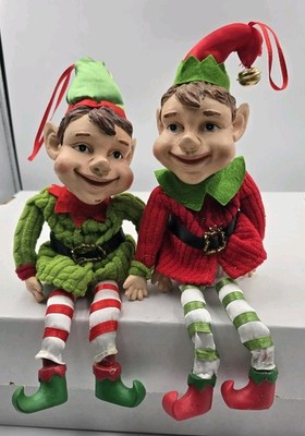 (x2) VTG Christmas Sitting Pixie Elf Ceramic Face, Feet & Hands w/Clothes Figure