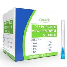 100 Pack 23 Ga 1.5 inch Disposable Needles with Caps for Scientific and Industri