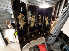 4-Panel Foldable Freestanding Wood Room Divider Screen Black/Gold Asian Figural