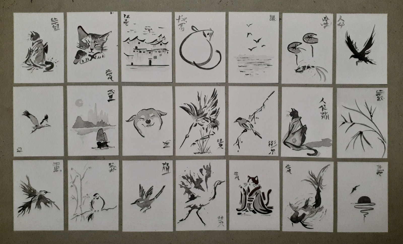 Hand Drawn Sumi-e ACEO Set – Japanese Style Ink Art – 21 Cards