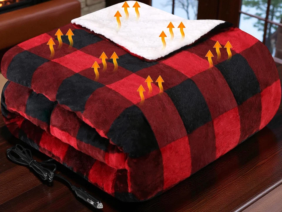 ACOGEDORA MANTA TÉRMICA 12V ROJA NEGRA POLAR A CUADROS CAMIÓN SUV CALENTADOR Foto 3 de 4