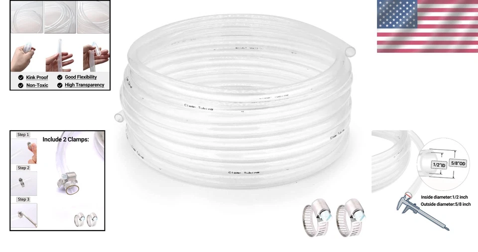 100 Ft Clear Flexible Tubing - 1/2" ID 5/8" OD PVC Hose, Kink-Proof & Versatile - Image 2 of 4