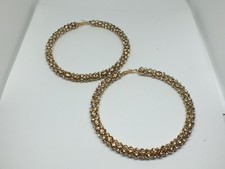 Beautiful Post Pierced Earrings Gold Tone Clear Rhinestones Large Hoop 3 3/4"