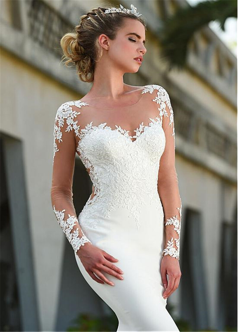 Mermaid White/Ivory Long Sleeve Wedding Dress Lace Satin Sheer/Mesh Bridal  Gown | eBay