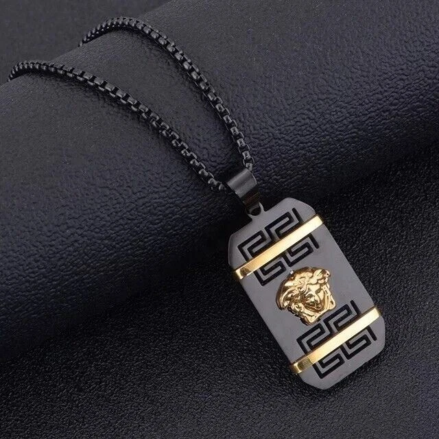 14K Yellow Black Gold Over Dog Tag Medusa Pendant Necklace 18