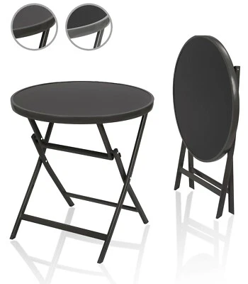 BRUBAKER Table de Salon de Jardin Pliable Ronde Grisé - Métal / Verre - Ø 70 Cm - Photo 1/4