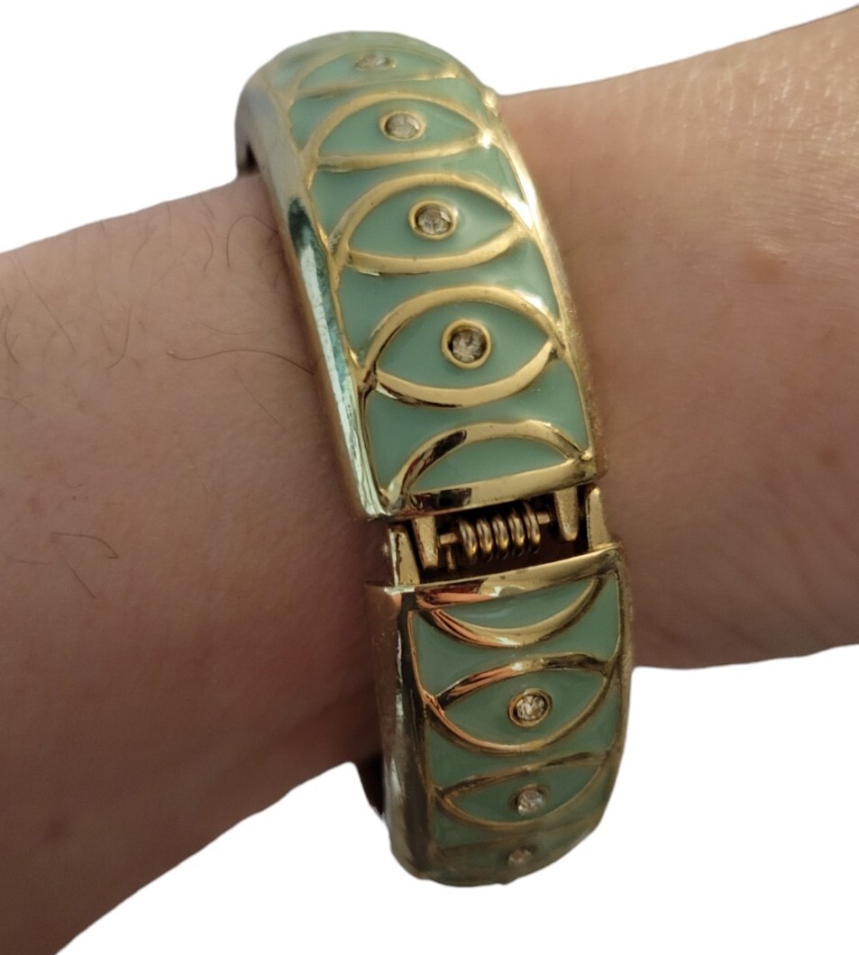 Sage Green Swirl Pattern Crystal Bracelet Clamper Hinged Silvertone View 3