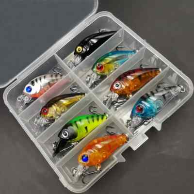 8 x Set Angelköder Mini Kleinfisch Barsch Forelle Hecht Köder + Aufbewahrungsbox