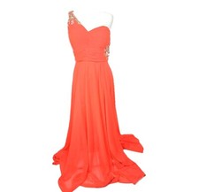 XSCAPE Neon Orange One Shoulder Embellished Long Gown Dress Dress Size 10