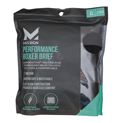 2 Pk MISSION Black Performance Boxer Briefs XL  (40-42) Moisture-Wicking