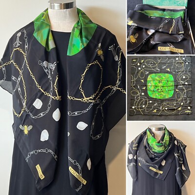 KOZMINSKY Jewellery NWT Black/Green ''165 Years'' Silk Scarf 107cmx107cm Handroll