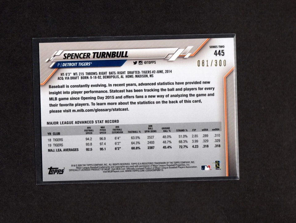 Spencer Turnbull 2020 Topps Advanced Stats 081/300 Detroit Tigers - Image 2 of 2