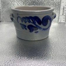 Stunning Big Belgian Salt Glazed Stoneware Crock w Handles Cobalt Blue Pottery