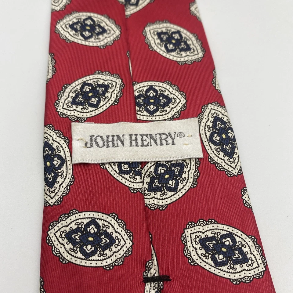 John Henry Tie Silk Red Silver Black Diamond Paisley USA VTG - Image 2 of 4