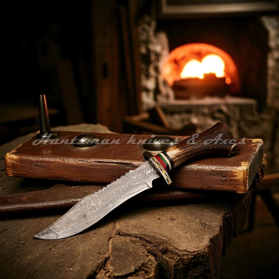 Заказная ручная кузница из дамасской стали, единственная в своем роде, БОУИ с напильником и рукояткой из оленя - Изображение 3 из 4