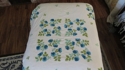 Stunning Greens & Blues Florals on White Cotton Tablecloth